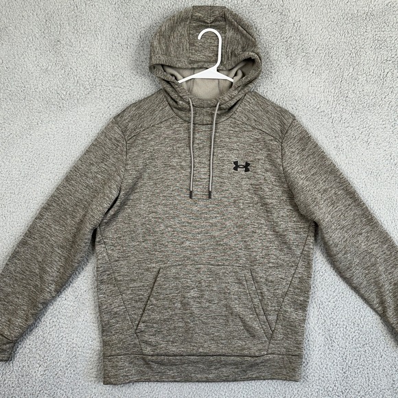Under Armour Sweatshirt Hoodie Mens Medium Tan Gray Drawstring Loose Pocket Logo
